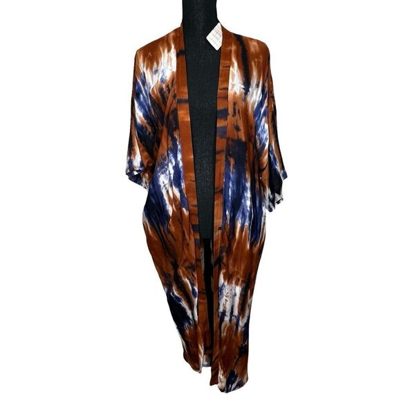 NWT EVEREVE Ronan Bindya Tie-dye Kimono One Size Fits Most Rust White Blue - Picture 3 of 14